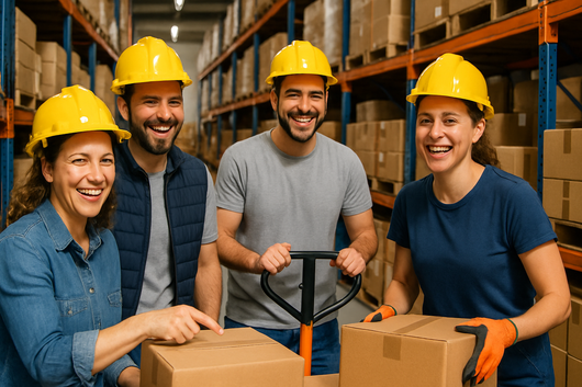 Crea una imagen de personas alegres en una bodega llena de cajas, las personas deben ser hombre y mujeres usando casco amarillo de proteccion
